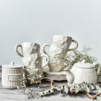 Сервиз чайный Белый жемчуг с мятыми чашками, 6 персон, 14 предметов ручной работы, купить в интернет-магазине антикварня
